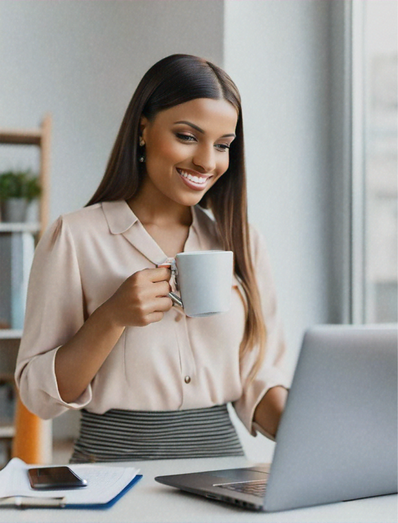 Mujer emprendedora tomando café frente a su laptop en una oficina