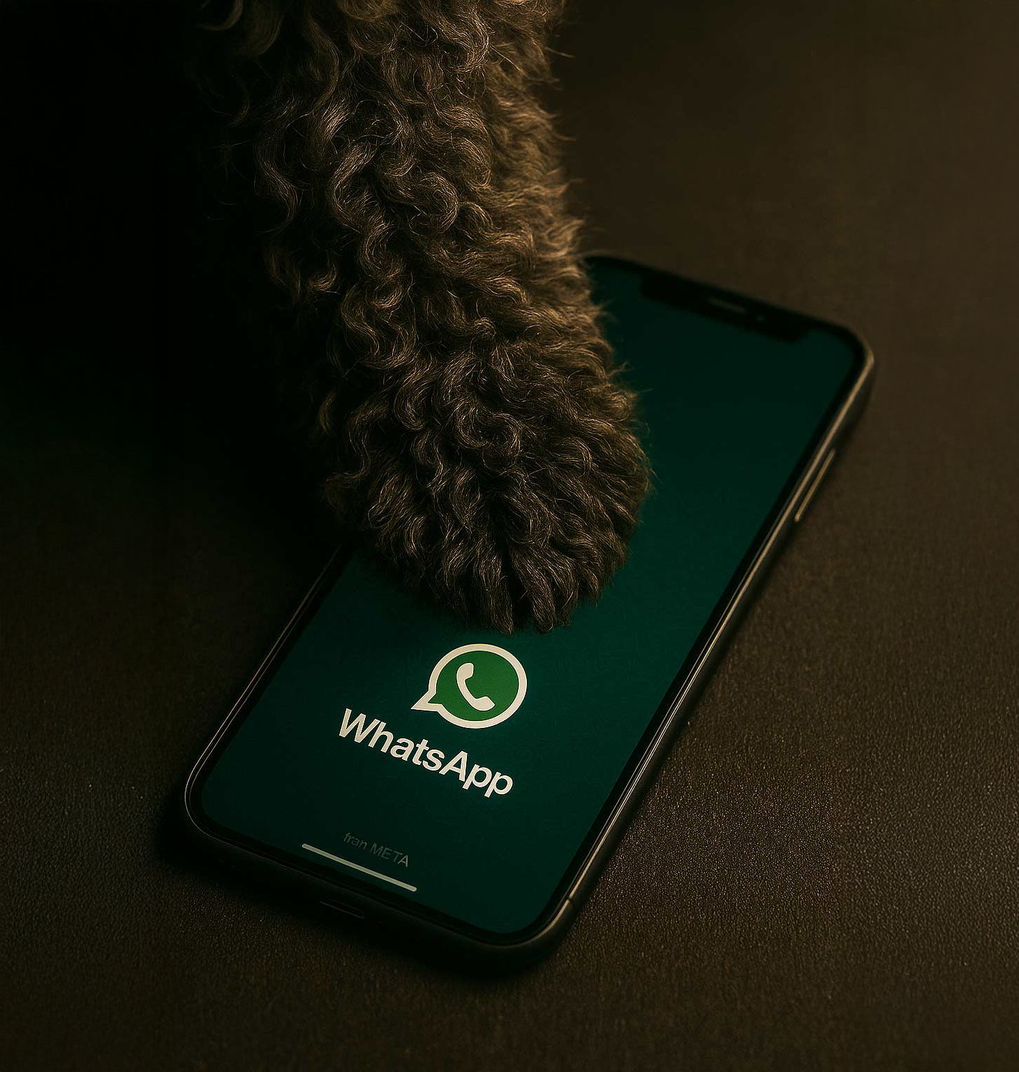 Celular con pantalle de whatsapp y una pata de perro apoyada arriba